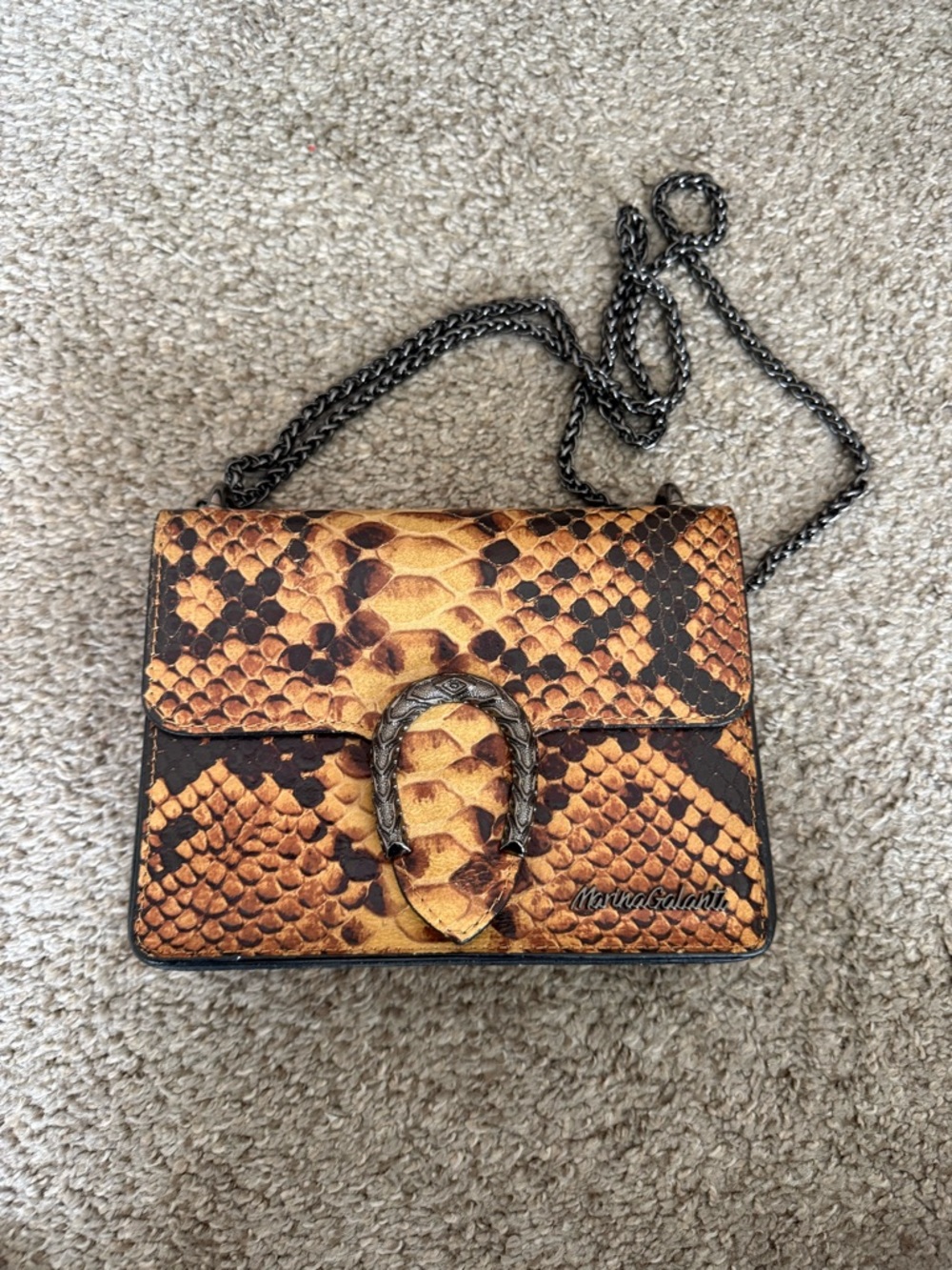 Snake-Print Mini Crossbody Bag in Brown and Tan